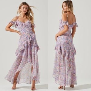 ASTR The Label Pemberley Floral High Low Dress Maxi Large Ruffle Purple Pink